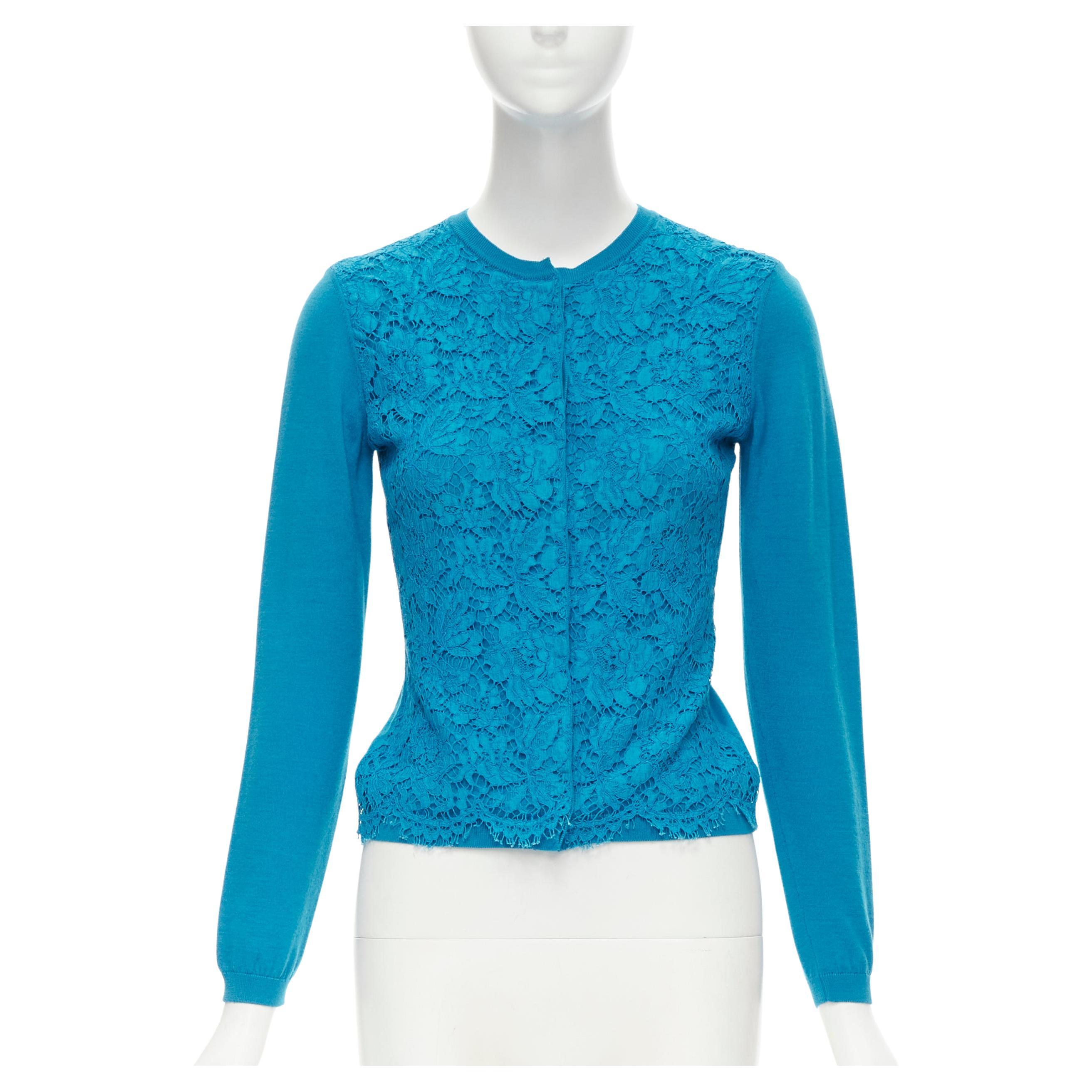 VALENTINO blue floral lace front wool silk cashmere cardigan sweater S For Sale
