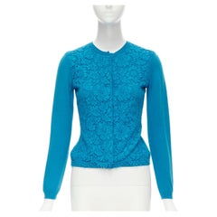 VALENTINO blue floral lace front wool silk cashmere cardigan sweater S