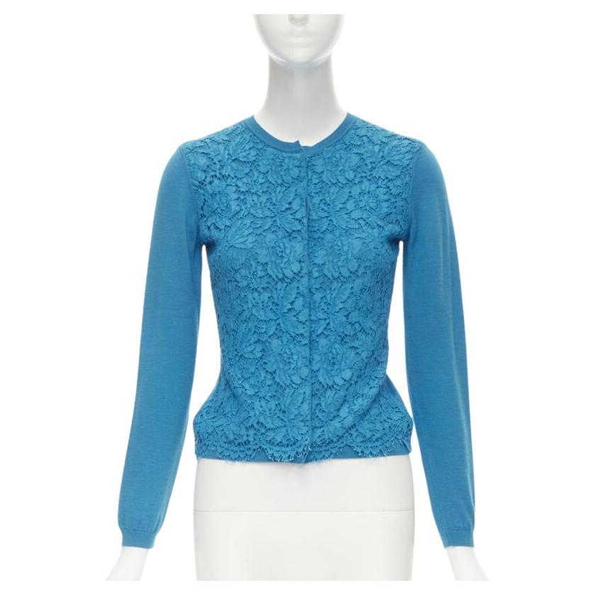 VALENTINO blue floral lace front wool silk cashmere cardigan sweater S For Sale