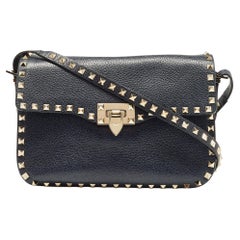 Valentino Blue Grain Leather Medium Rockstud Flap Shoulder Bag