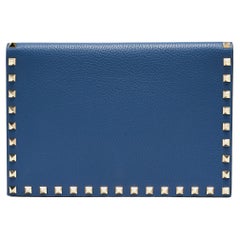 Valentino Blue Grained Leather Rockstud Flap Clutch