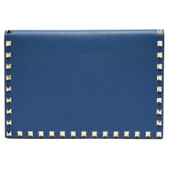 Valentino Blue Grained Leather Rockstud Flap Clutch