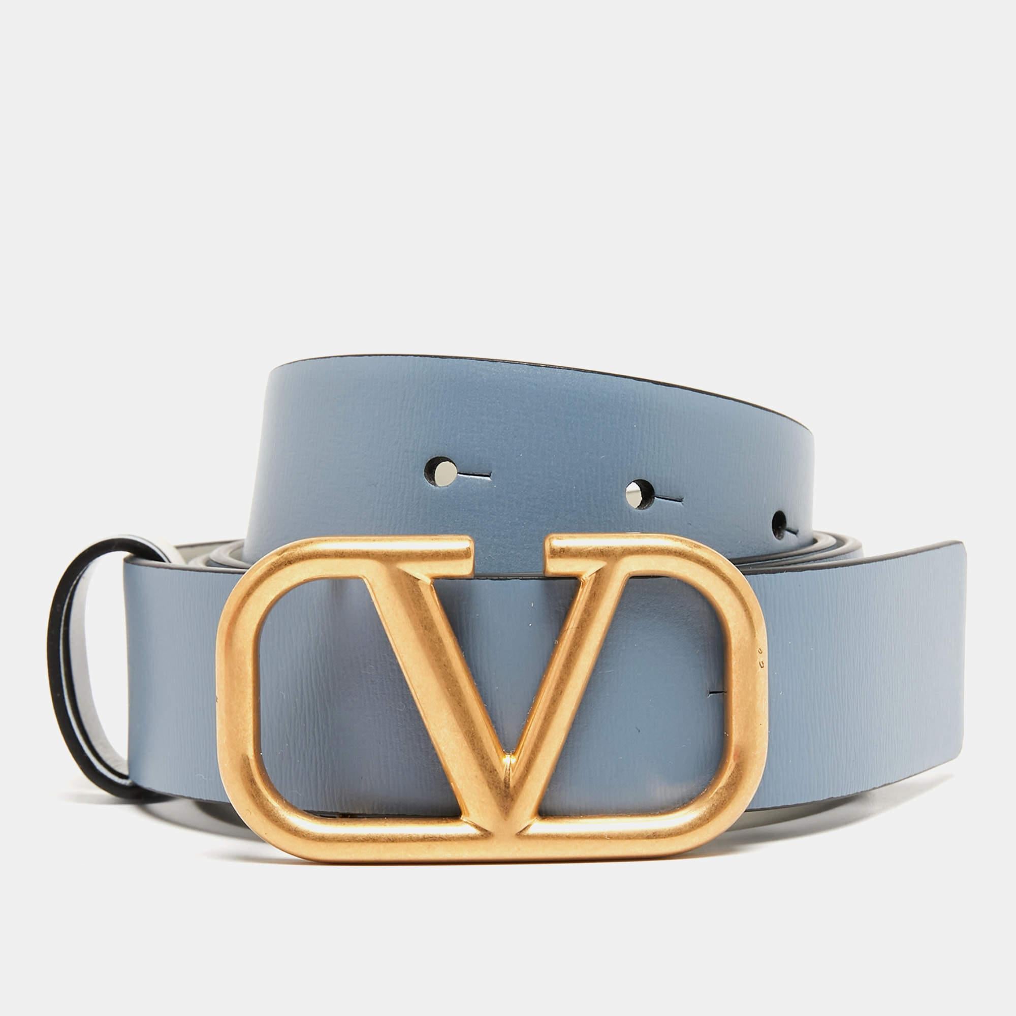 Valentino Blue/Grey Leather VLogo Reversible Belt 80 CM In New Condition In Dubai, Al Qouz 2