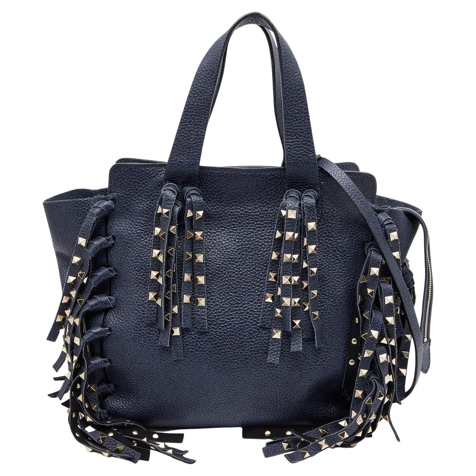 Valentino Blue Leather C-Rockee Fringe Tote For Sale