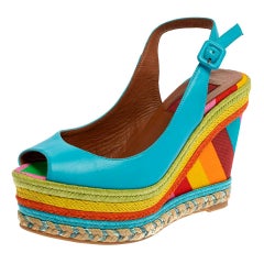 Valentino Blue Leather Peep Toe Singback Rainbow Wedge Sandals Size 36