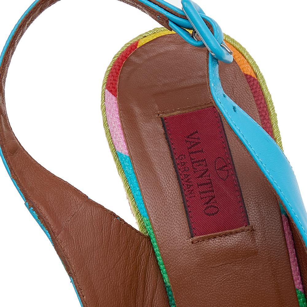 Valentino Blue Leather Peep Toe Slingback Rainbow Wedge Sandals Size 38 1