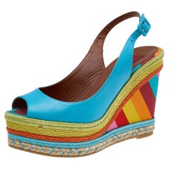 Valentino Blue Leather Peep Toe Slingback Rainbow Wedge Sandals Size 38