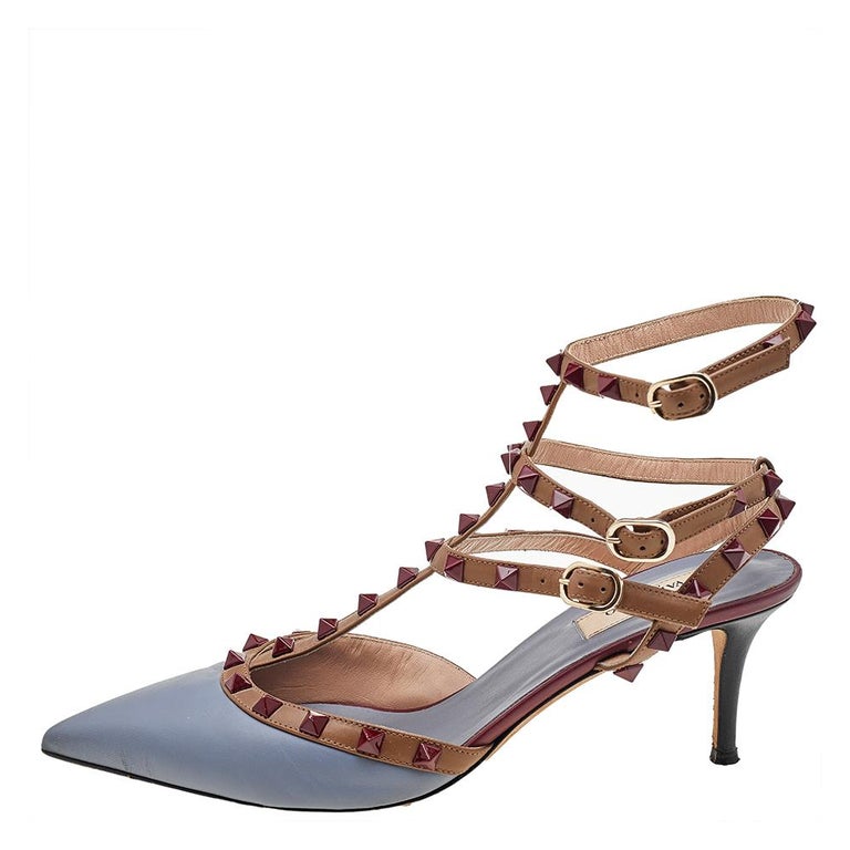 Valentino Blue Leather Rockstud Ankle Strap Sandals Size 41 at 1stDibs