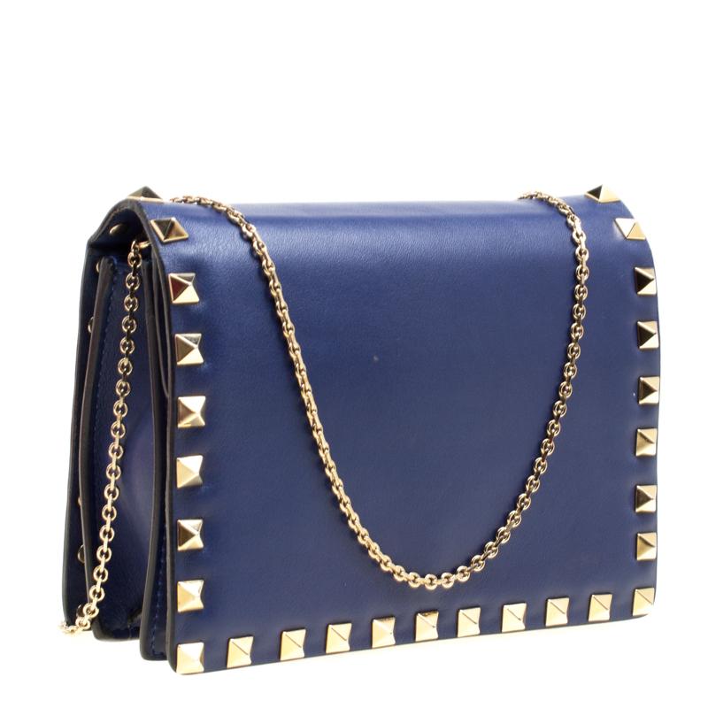 Valentino Blue Leather Rockstud Chain Shoulder Bag In Good Condition In Dubai, Al Qouz 2