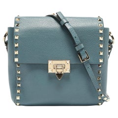 Used Valentino Blue Leather Rockstud Flip Lock Flap Messenger Bag