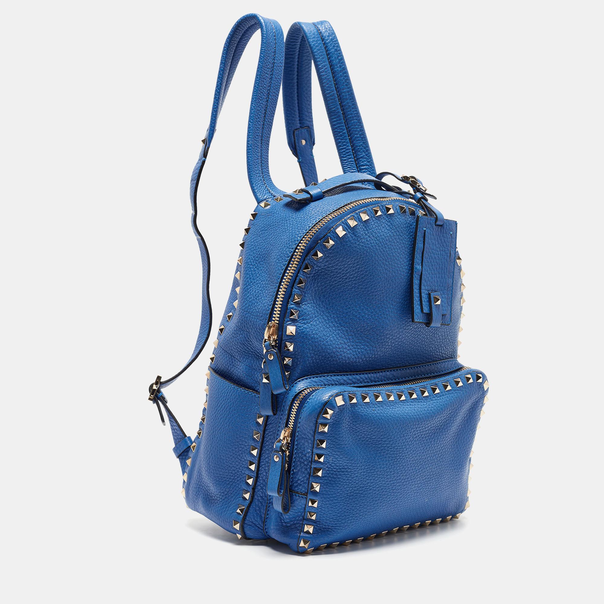 Women's Valentino Blue Leather Rockstud Front Pocket Backpack