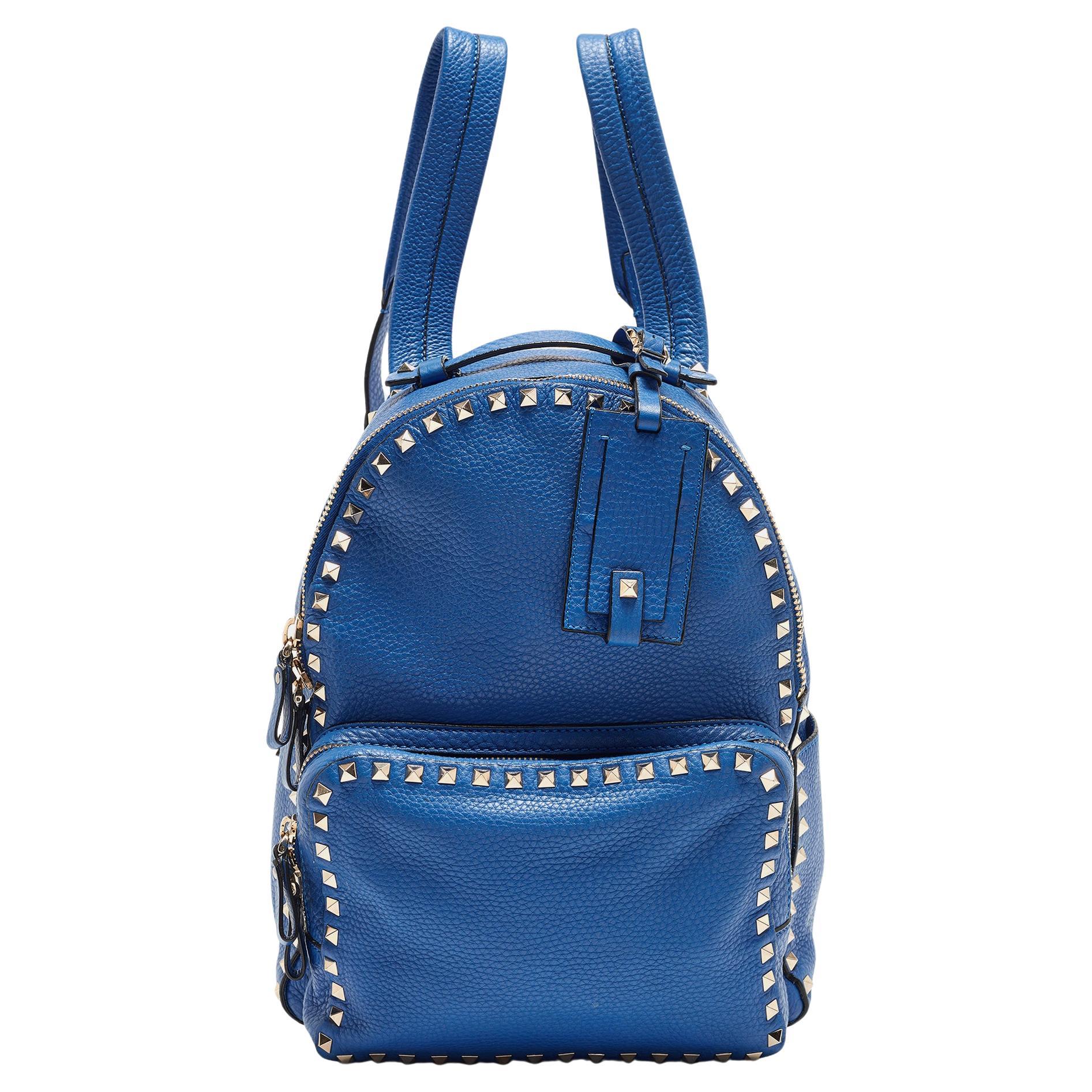 Valentino Blue Leather Rockstud Front Pocket Backpack
