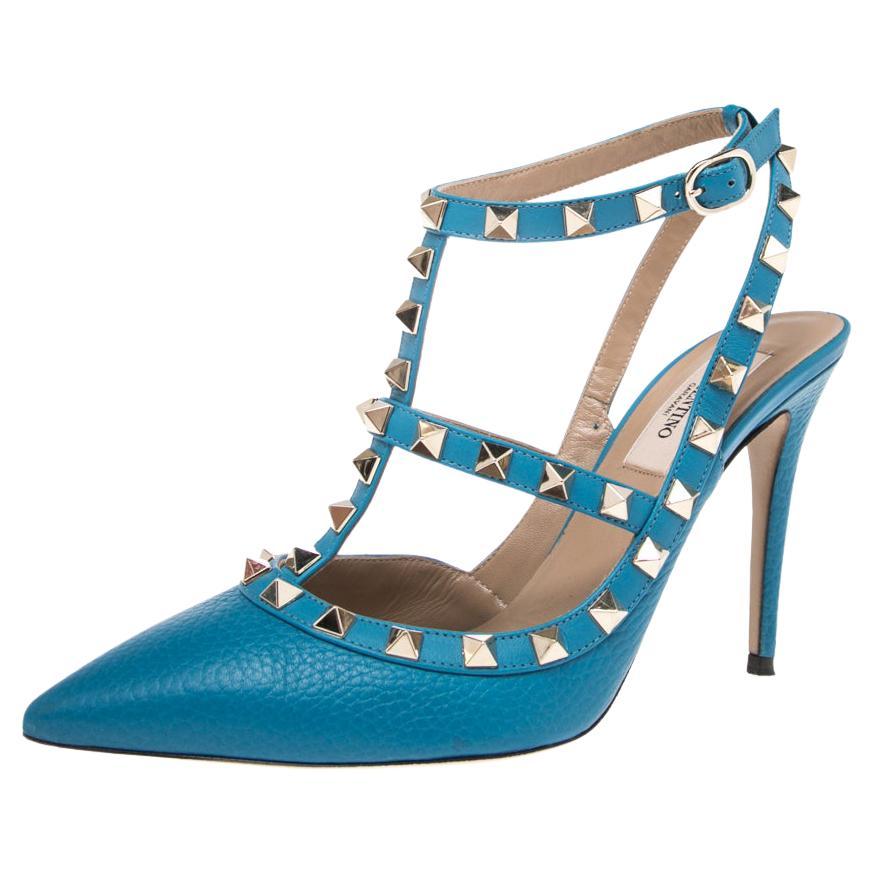 Valentino Blue Crystal Embellished Suede Block Heel Ankle Strap Pumps ...