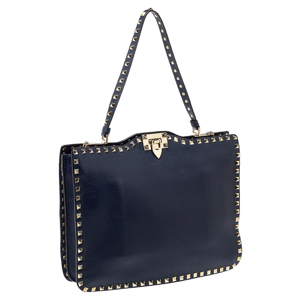 Valentino Blue Leather Rockstud Satchel In Good Condition In Dubai, Al Qouz 2