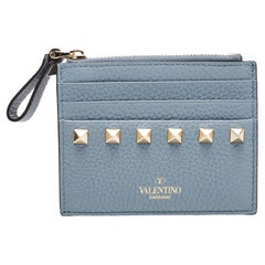 Valentino Blue Leather Rockstud Zip Card Holder