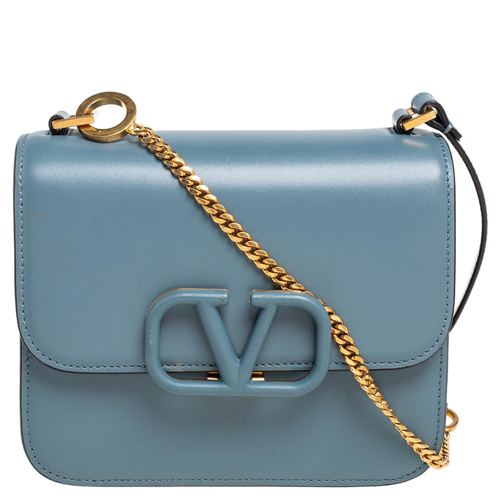Gray Valentino Blue Leather V Sling Shoulder Bag