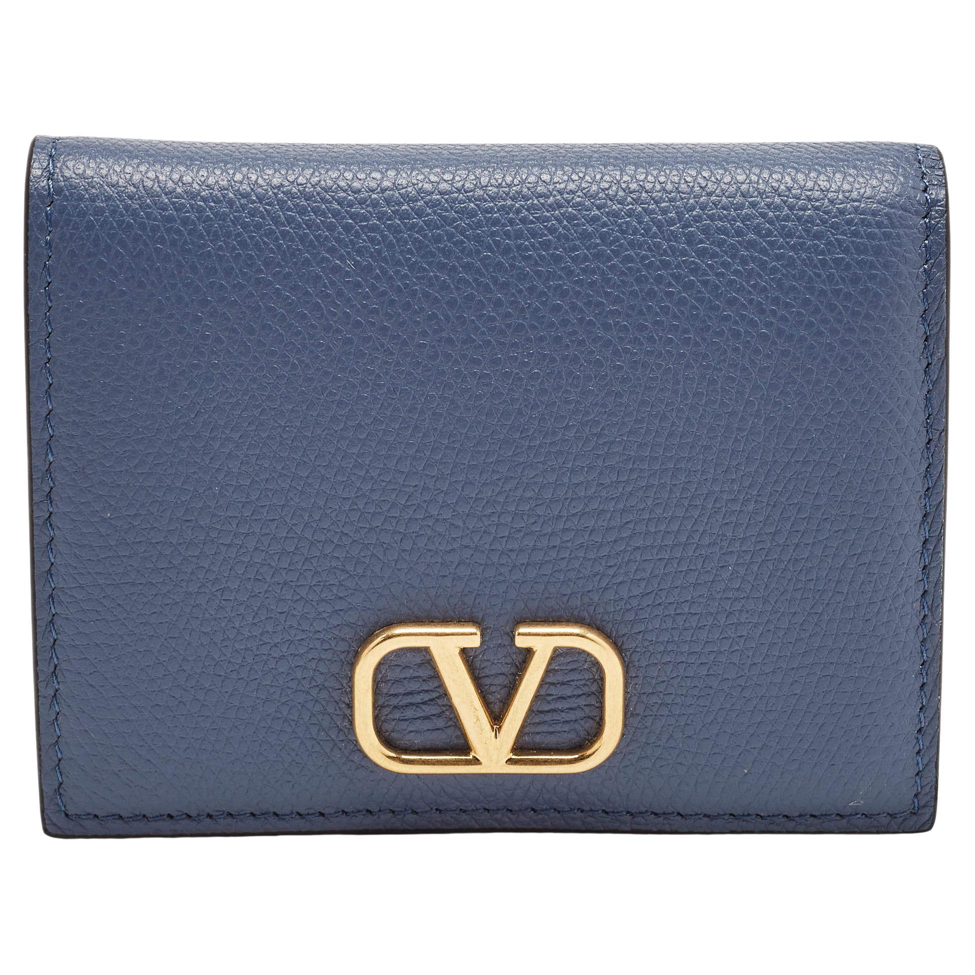 Valentino Blue Leather VLogo Compact Wallet
