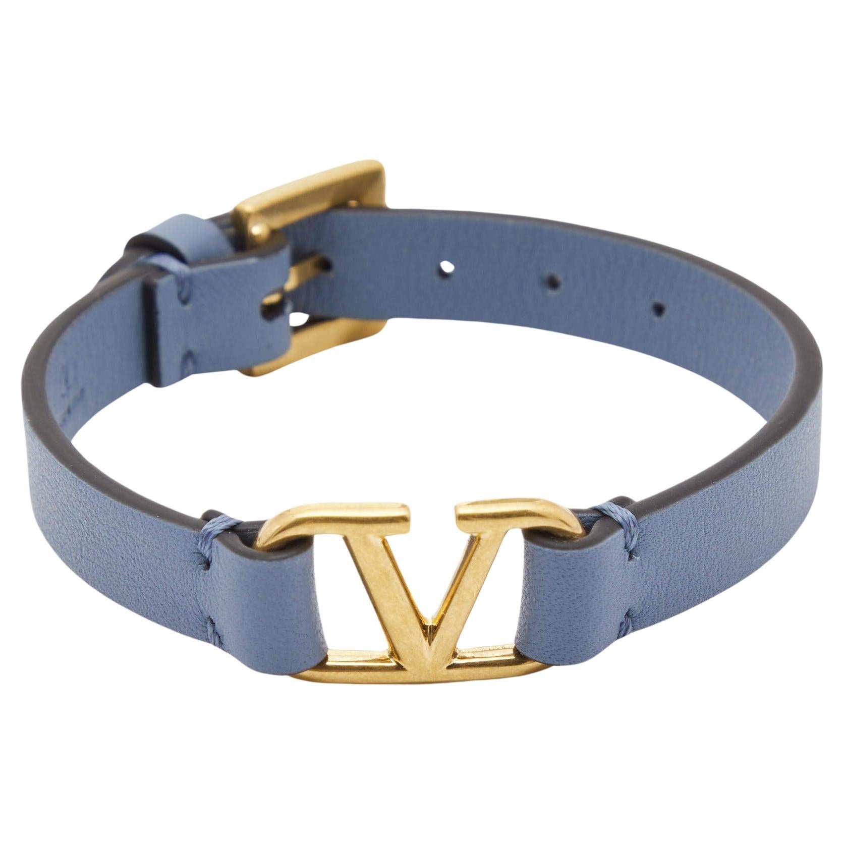 Valentino Blue Leather VLogo Gold Tone Bracelet