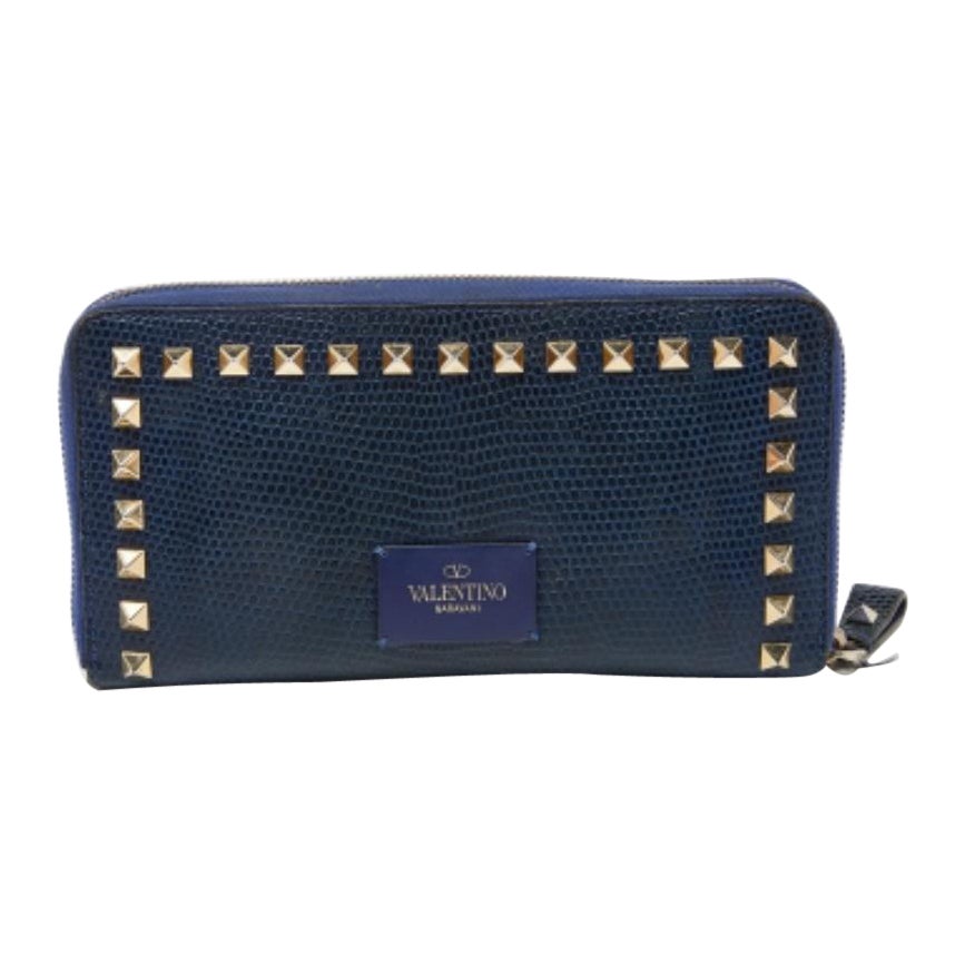 Valentino Blue Lizard Rockstud Zip Around Wallet