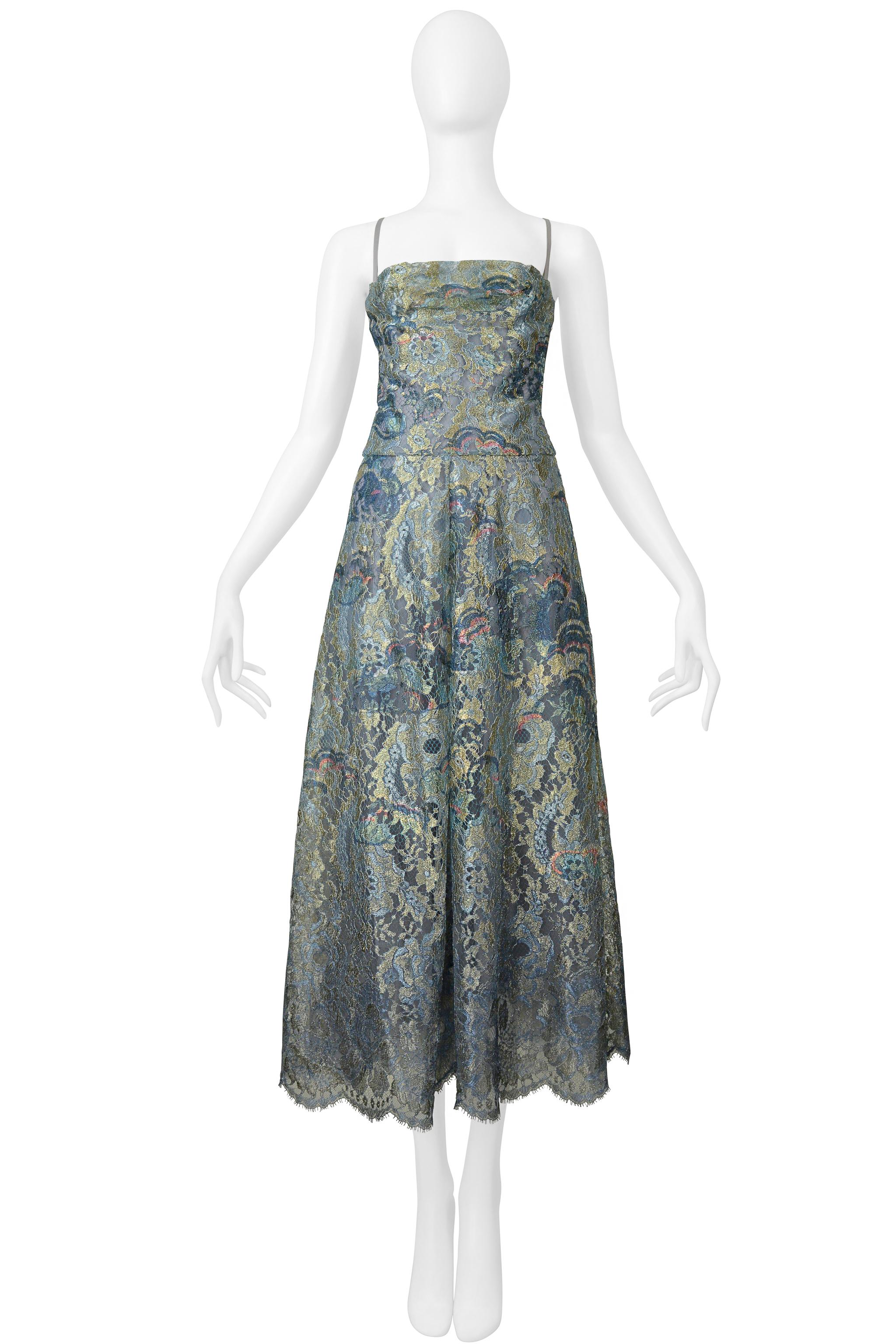 Gray Valentino Blue & Metallic Gold Lace Party Dress 2016 For Sale