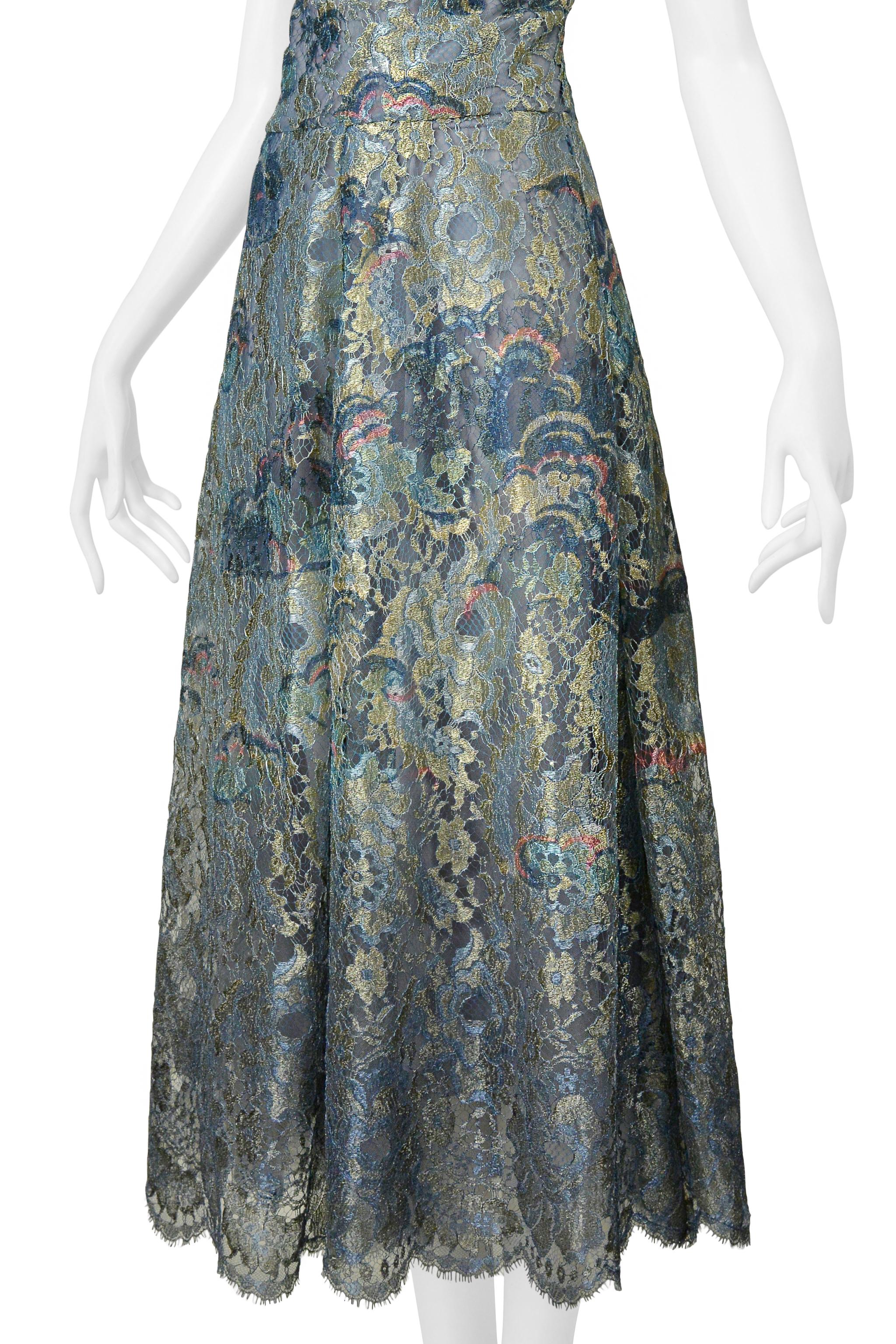 Valentino Blue & Metallic Gold Lace Party Dress 2016 In Excellent Condition For Sale In Los Angeles, CA