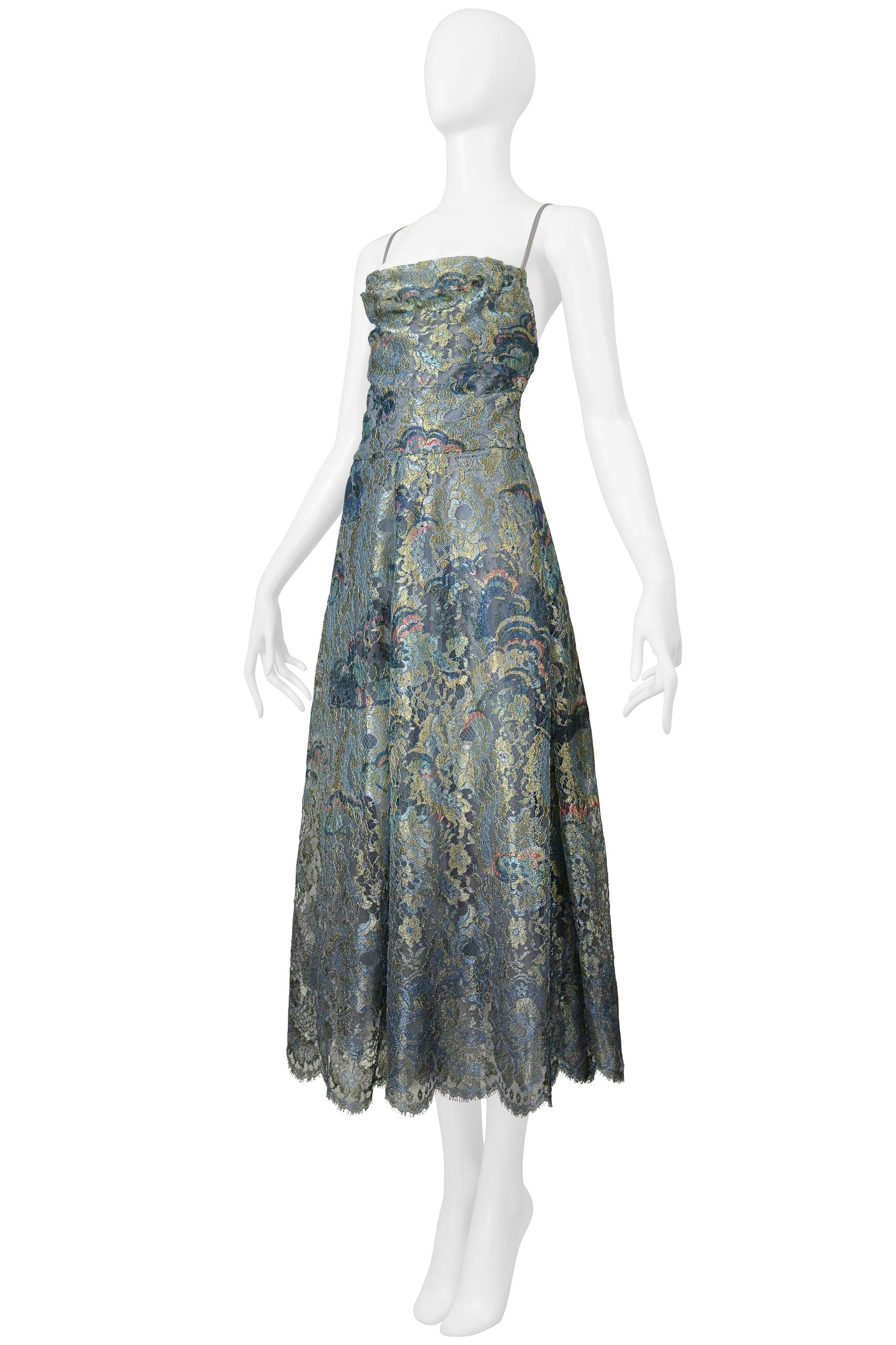 Women's Valentino Blue & Metallic Gold Lace Party Dress 2016 For Sale