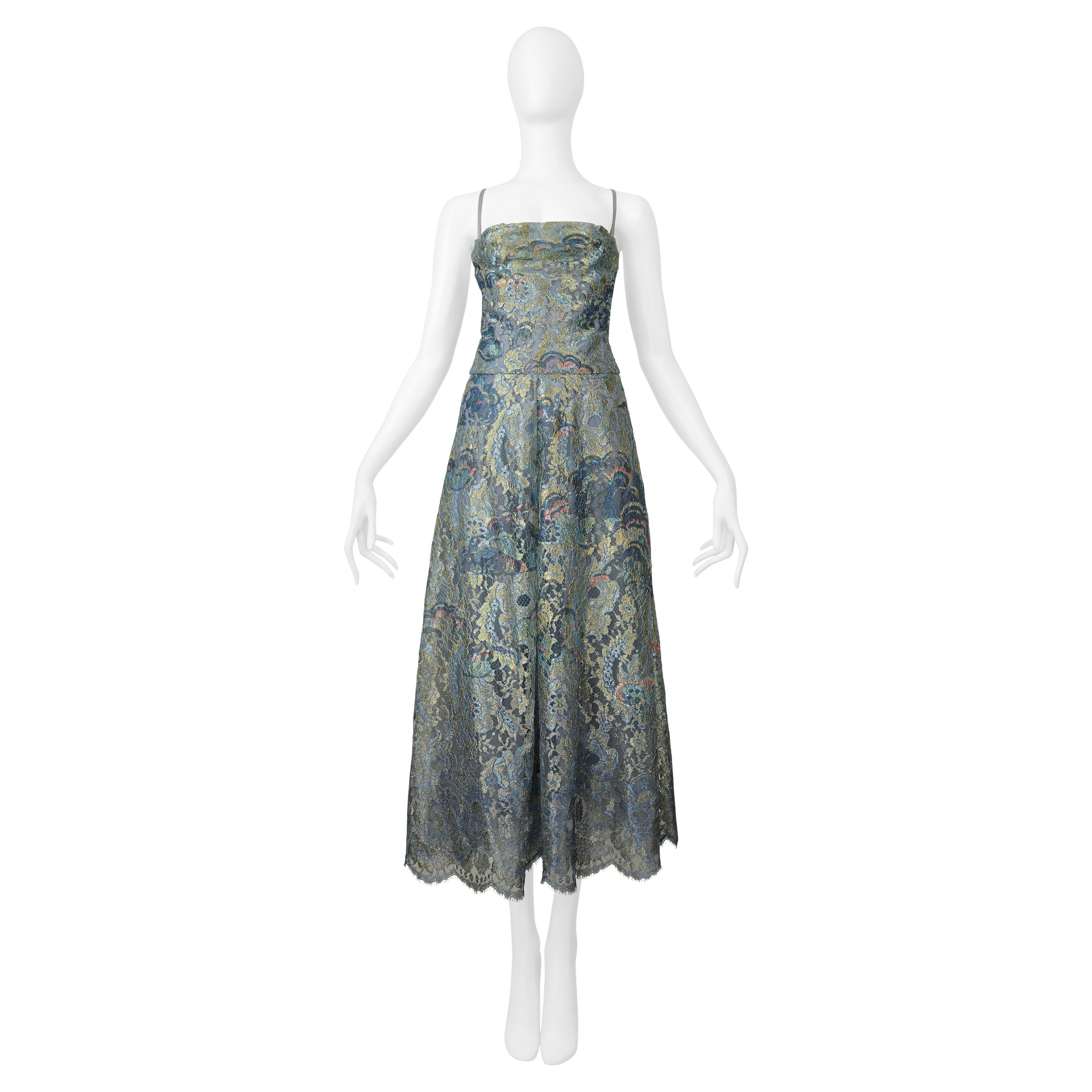 Valentino Blue & Metallic Gold Lace Party Dress 2016 For Sale