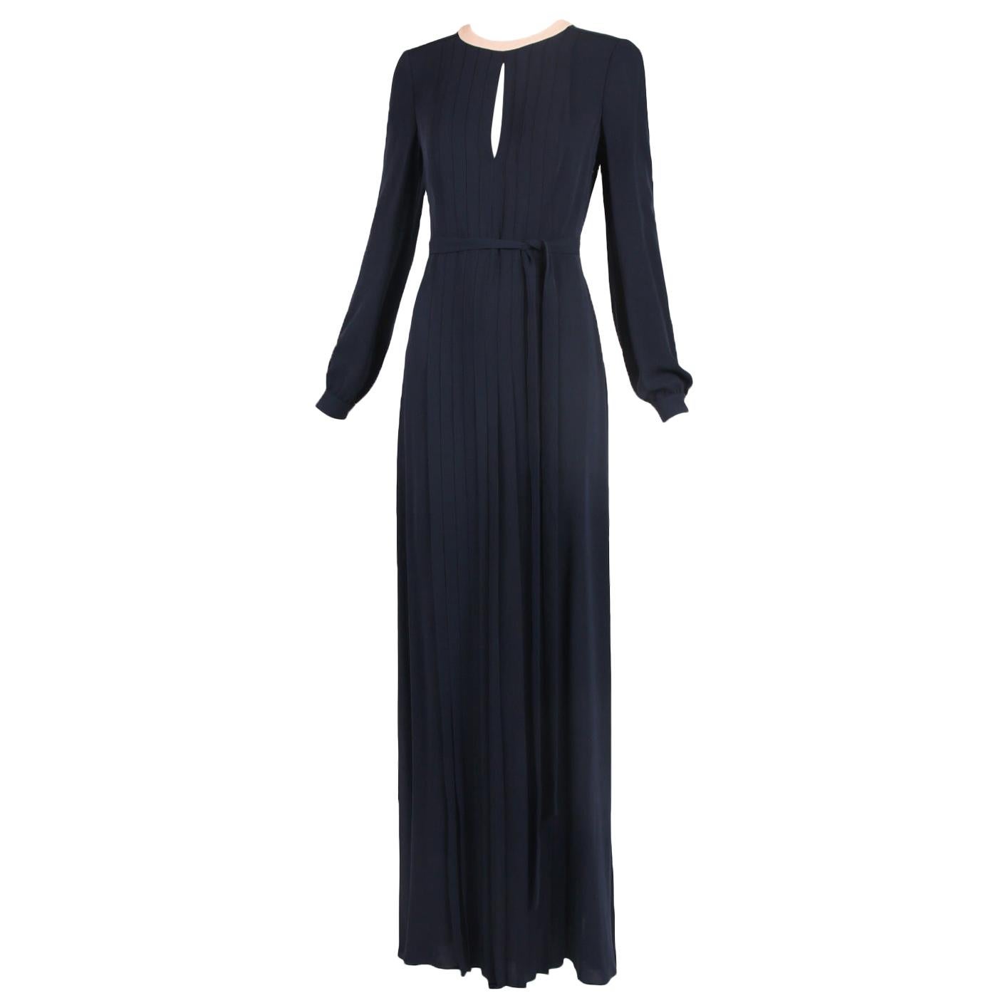 Valentino Blue Navy Silk Gown w/Keyhole Neckline & Open Back For Sale