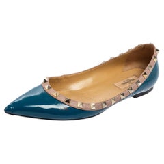 Valentino Blue Patent Leather Rockstud Pointed-Toe Ballet Flats Size 38.5