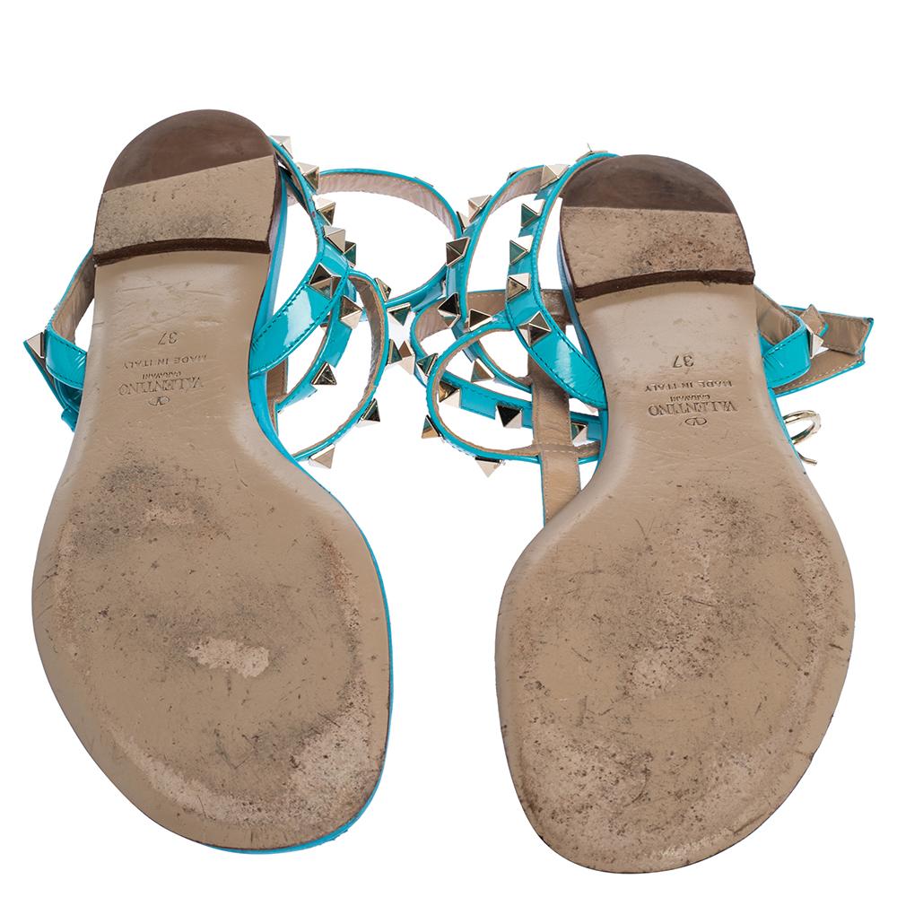 Valentino Blue Patent Leather Rockstud Thong Flat Sandals Size 37 3