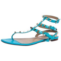 Valentino Blue Patent Leather Rockstud Thong Flat Sandals Size 37