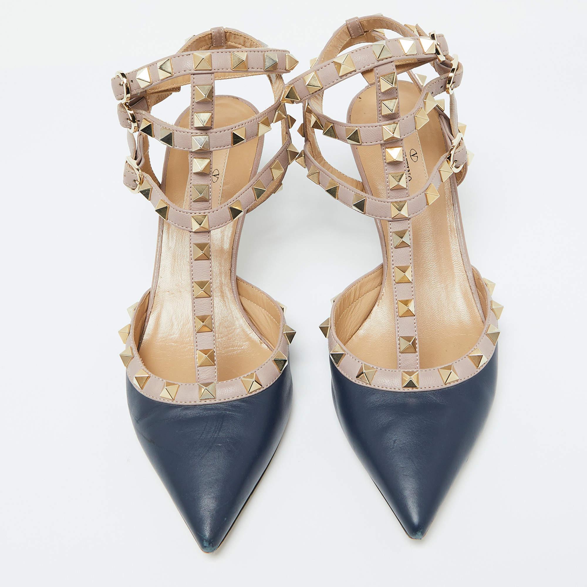 Brown Valentino Blue/Pink Leather Rockstud Ankle Strap Sandals Size 38.5