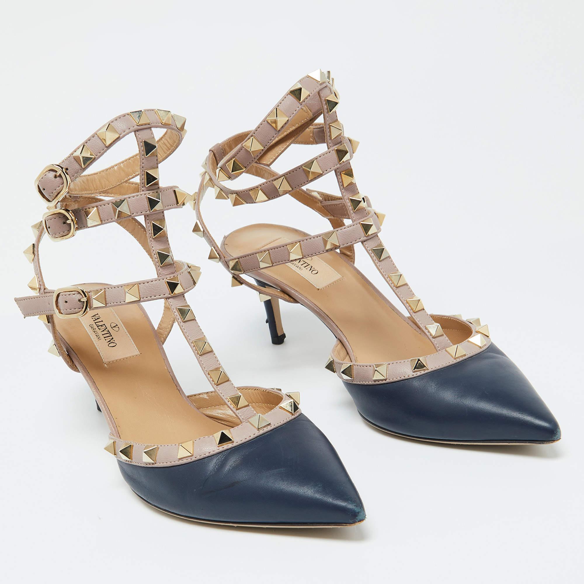 Valentino Blue/Pink Leather Rockstud Ankle Strap Sandals Size 38.5 In Fair Condition In Dubai, Al Qouz 2