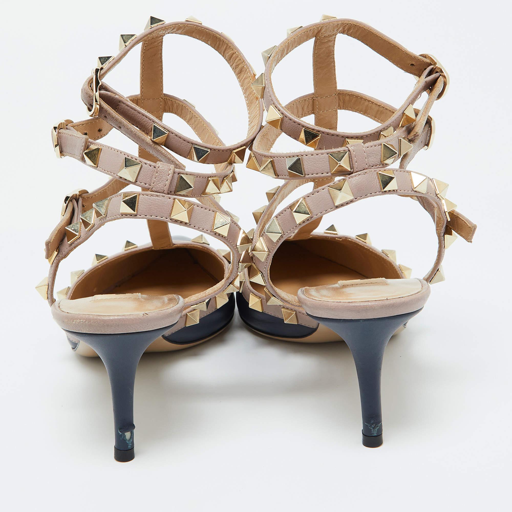 Women's Valentino Blue/Pink Leather Rockstud Ankle Strap Sandals Size 38.5