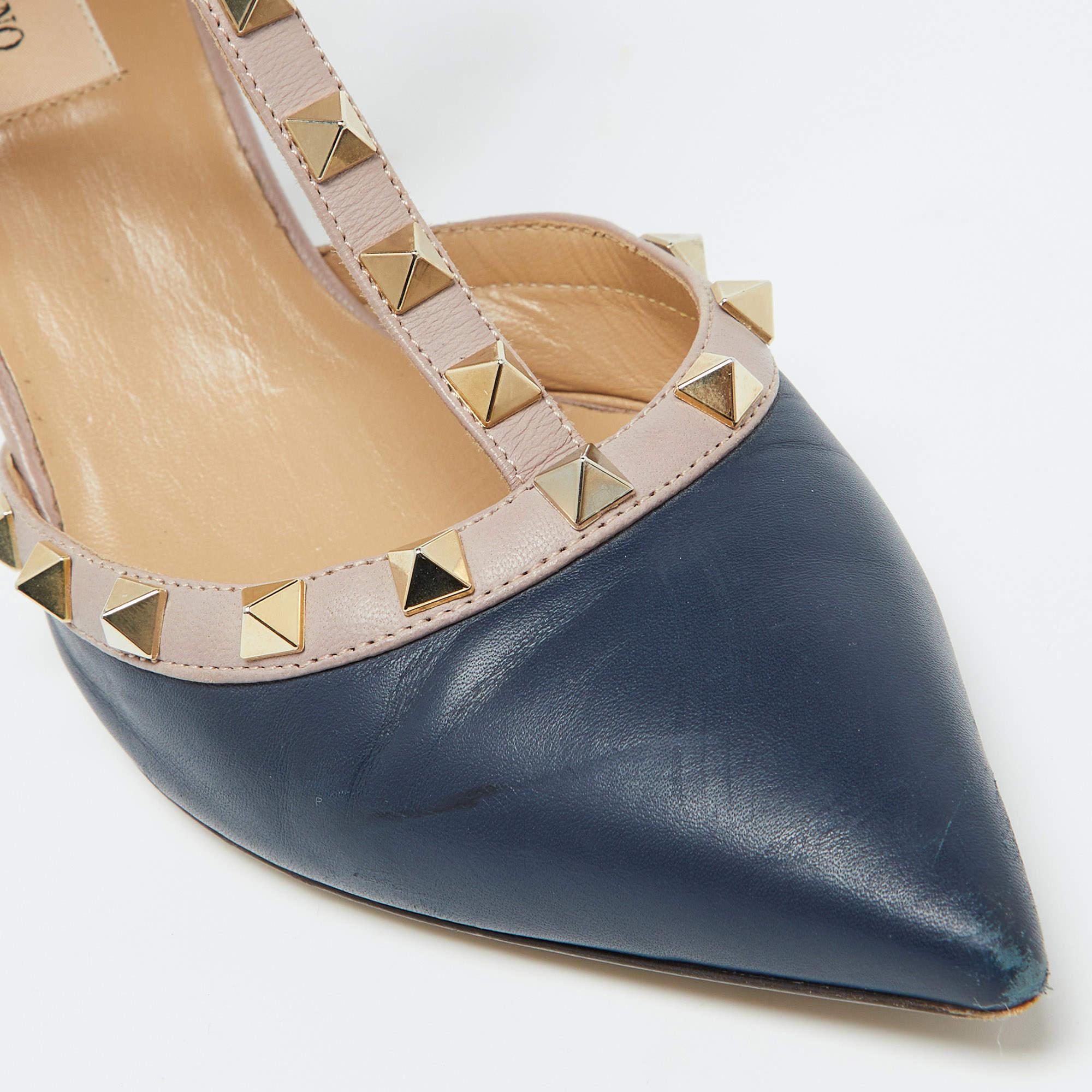 Valentino Blue/Pink Leather Rockstud Ankle Strap Sandals Size 38.5 2