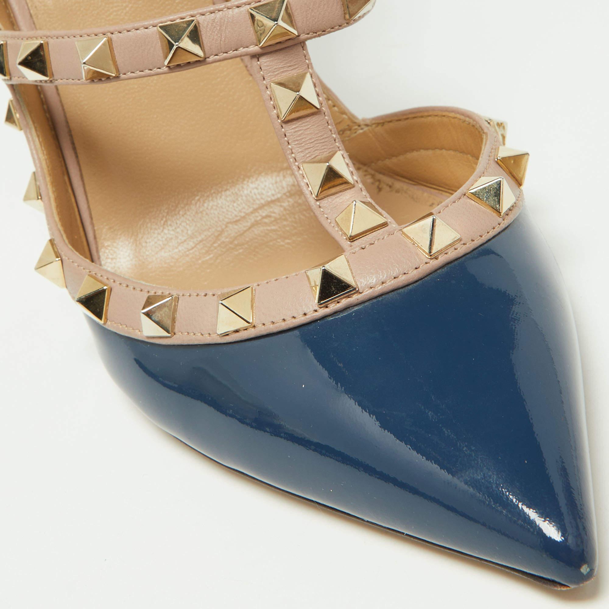 Valentino Blue/Pink Patent and Leather Caged Rockstud Ankle Strap Pumps Size  In Fair Condition In Dubai, Al Qouz 2