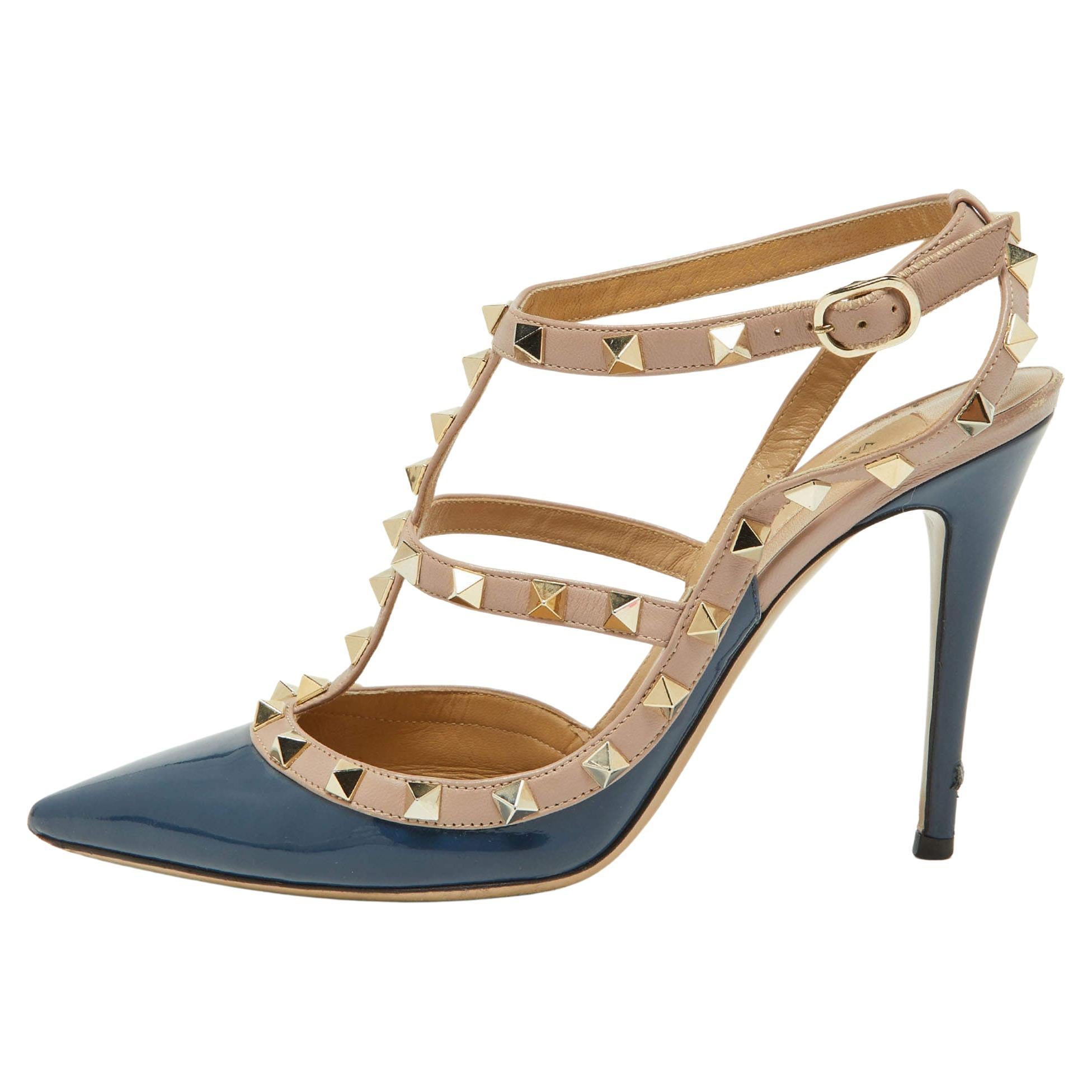 Valentino Blue/Pink Patent and Leather Caged Rockstud Ankle Strap Pumps Size 