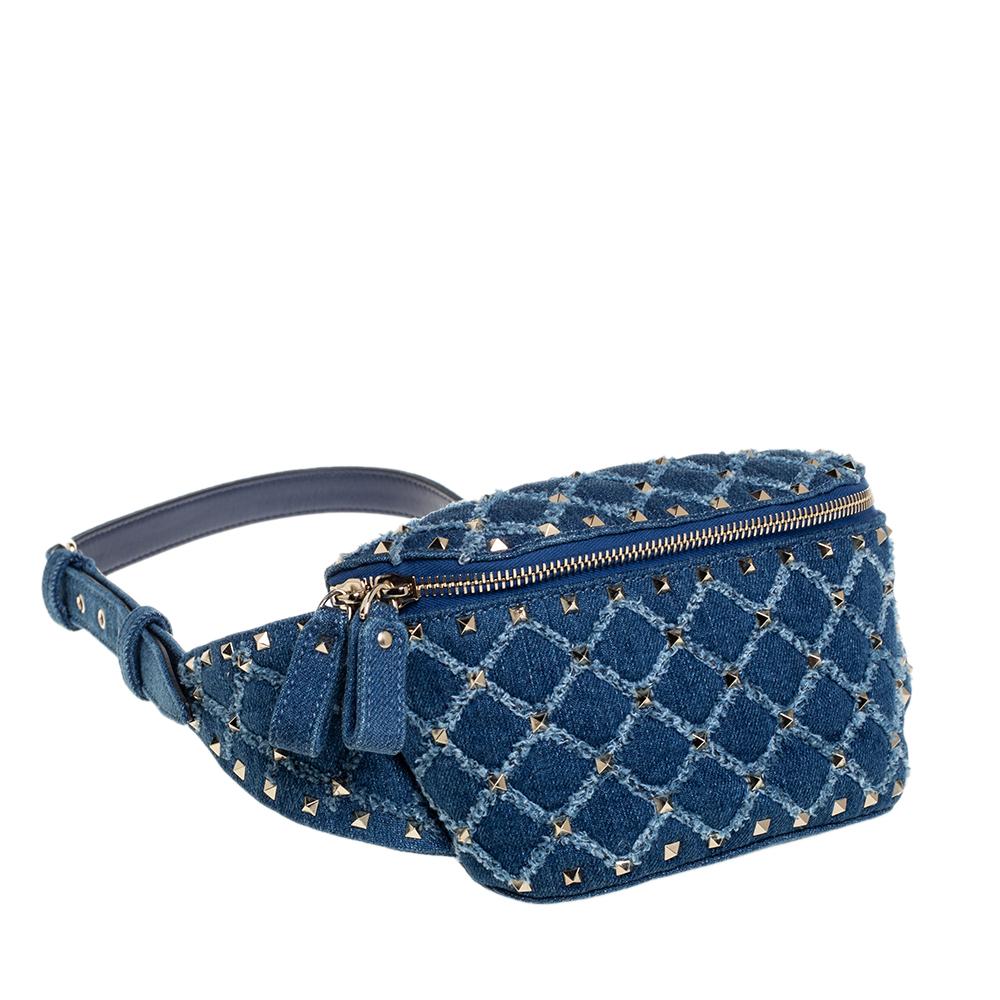 Women's Valentino Blue Quilted Denim Rockstud Spike Belt Bag