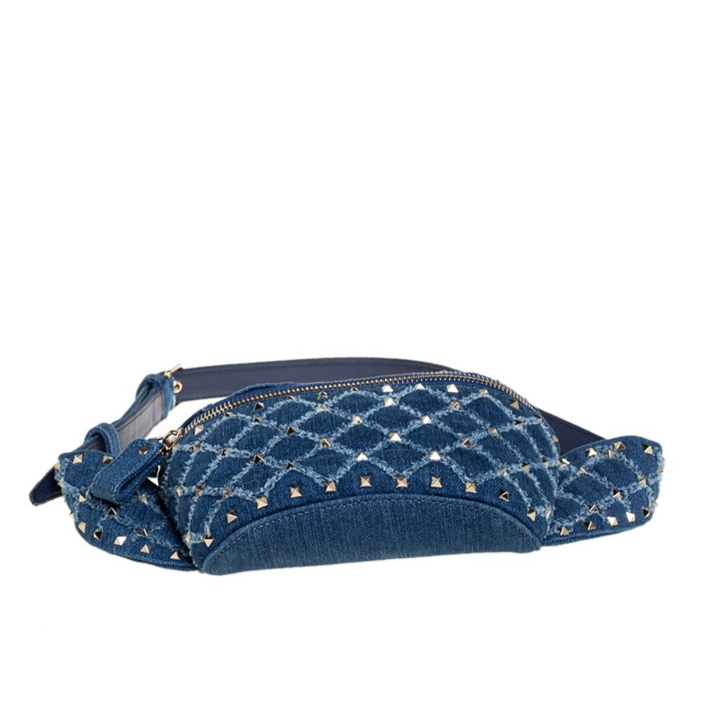 Valentino Blue Quilted Denim Rockstud Spike Belt Bag 1