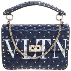 Valentino Blue Quilted Leather Medium Rockstud Spike VLTN Shoulder Bag