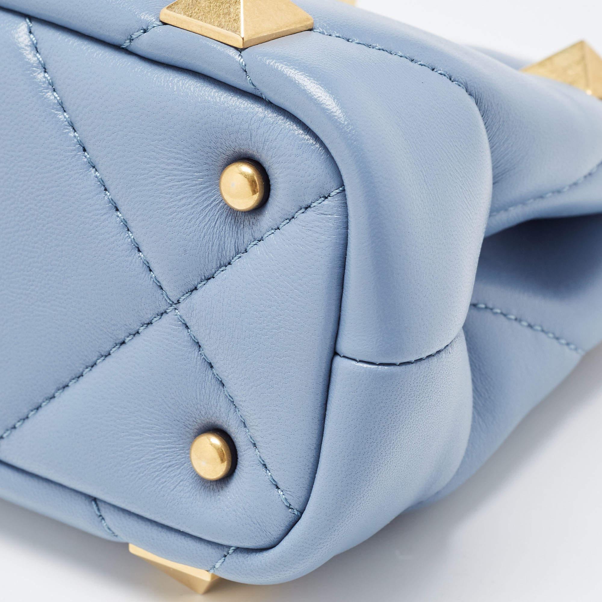 Valentino Blue Quilted Leather Mini Roman Stud Top Handle Bag In New Condition In Dubai, Al Qouz 2