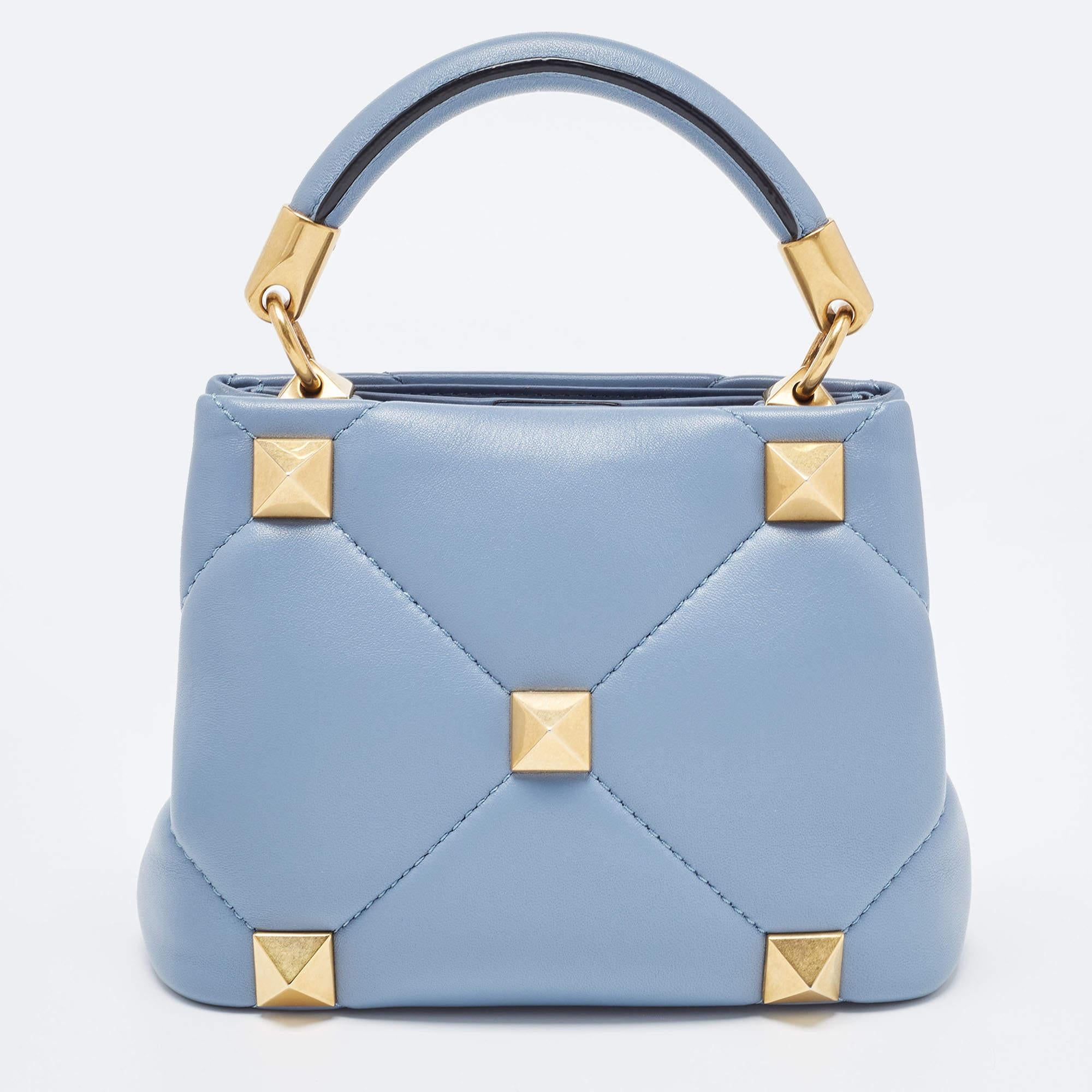Valentino Blue Quilted Leather Mini Roman Stud Top Handle Bag 3