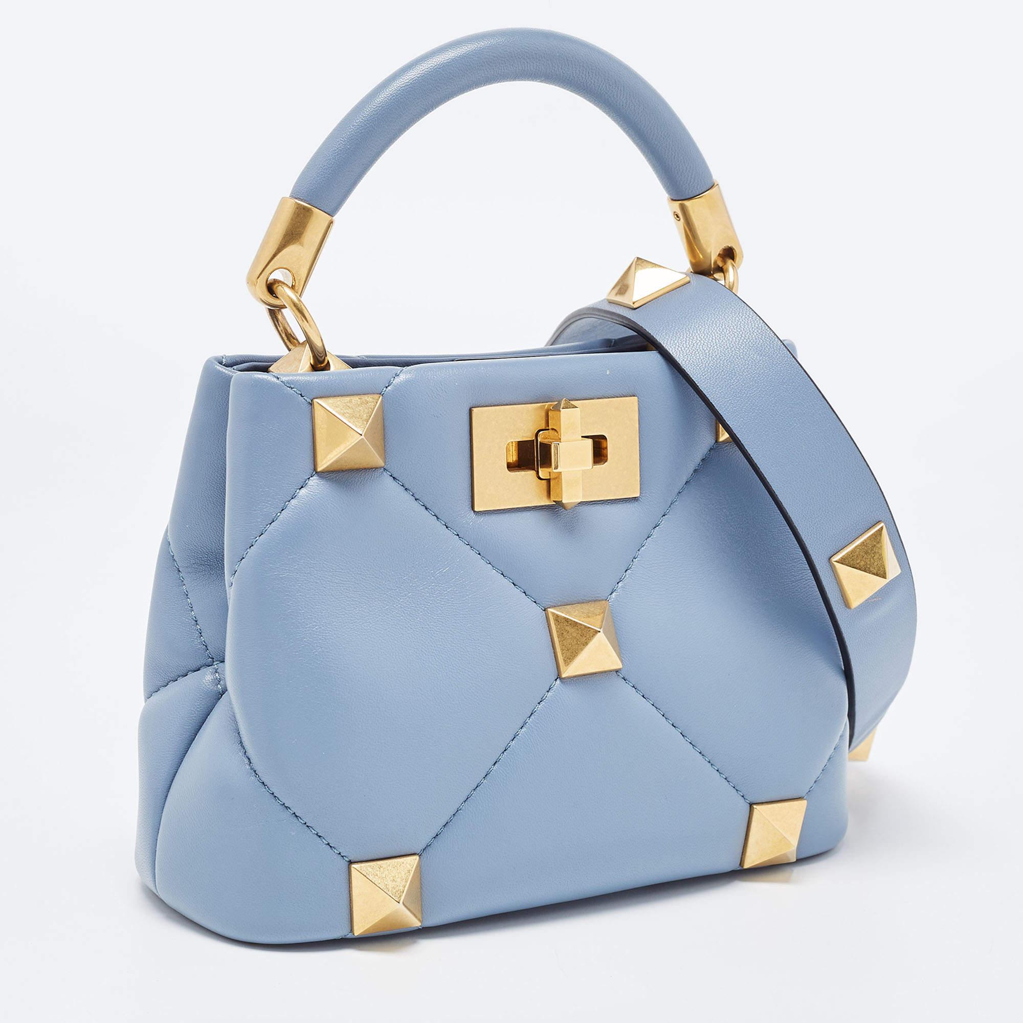 Valentino Blue Quilted Leather Mini Roman Stud Top Handle Bag 4