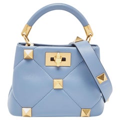 Valentino Blue Quilted Leather Mini Roman Stud Top Handle Bag
