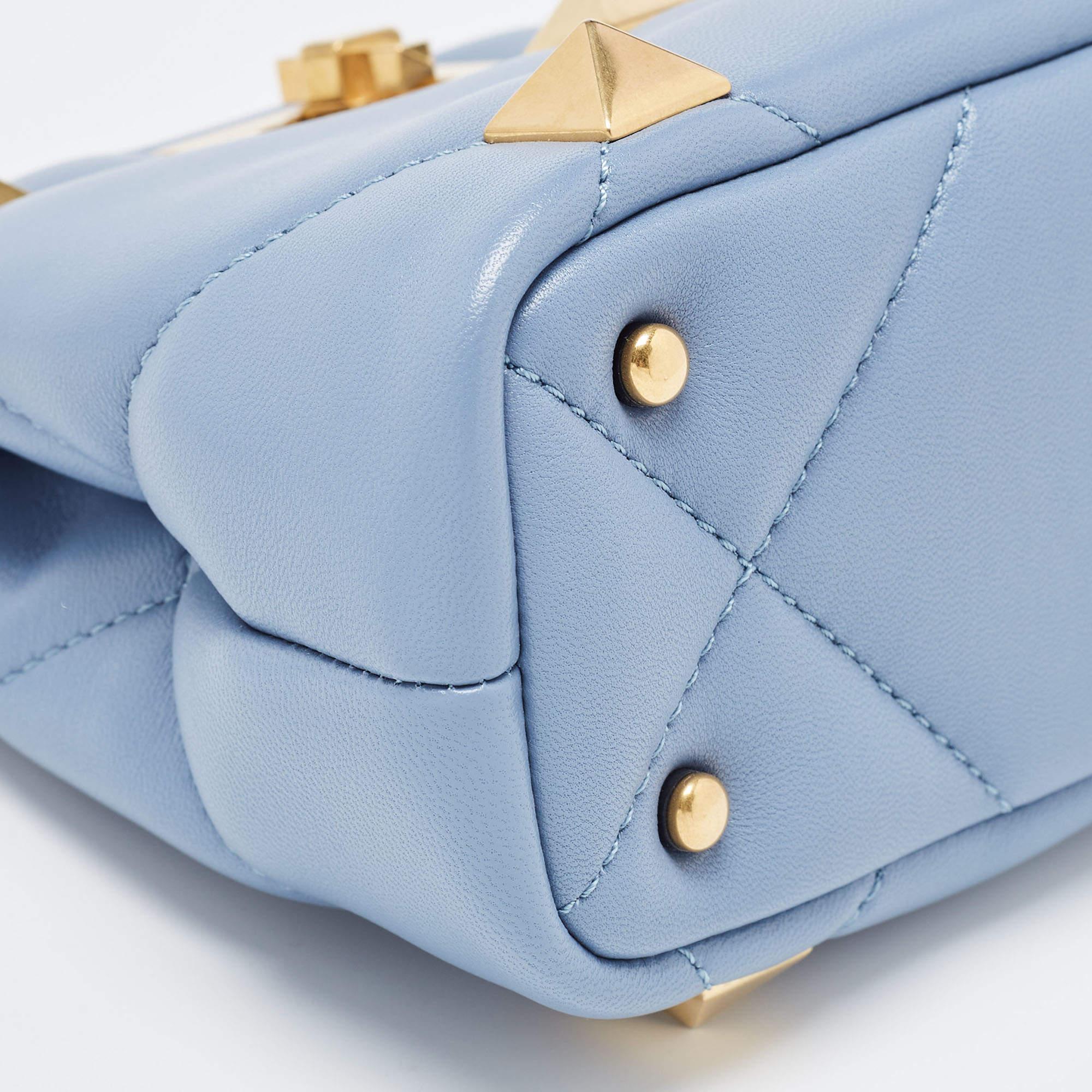 Valentino Blue Quilted Leather Roman Stud Top Handle Bag 6