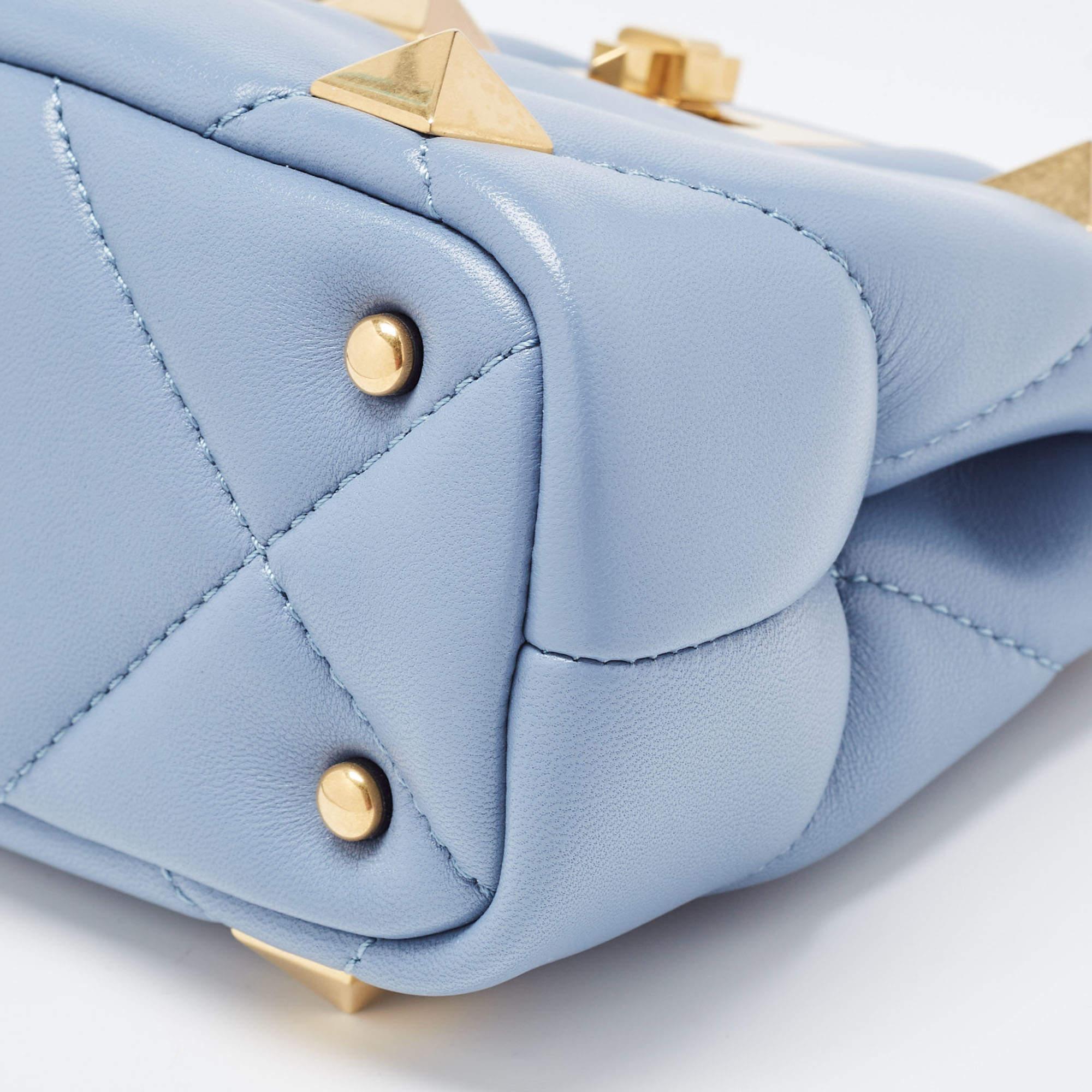 Valentino Blue Quilted Leather Roman Stud Top Handle Bag 7