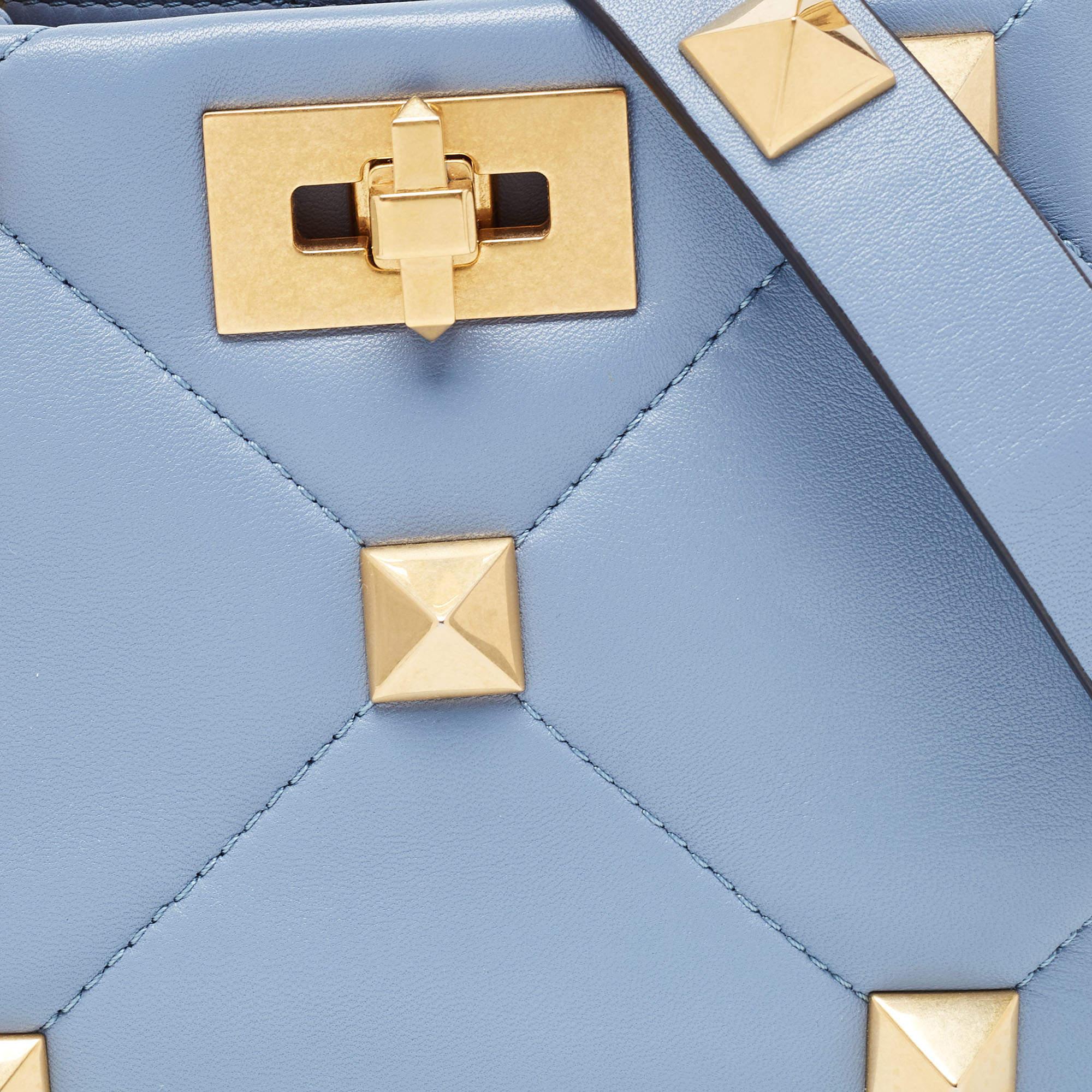 Valentino Blue Quilted Leather Roman Stud Top Handle Bag 4