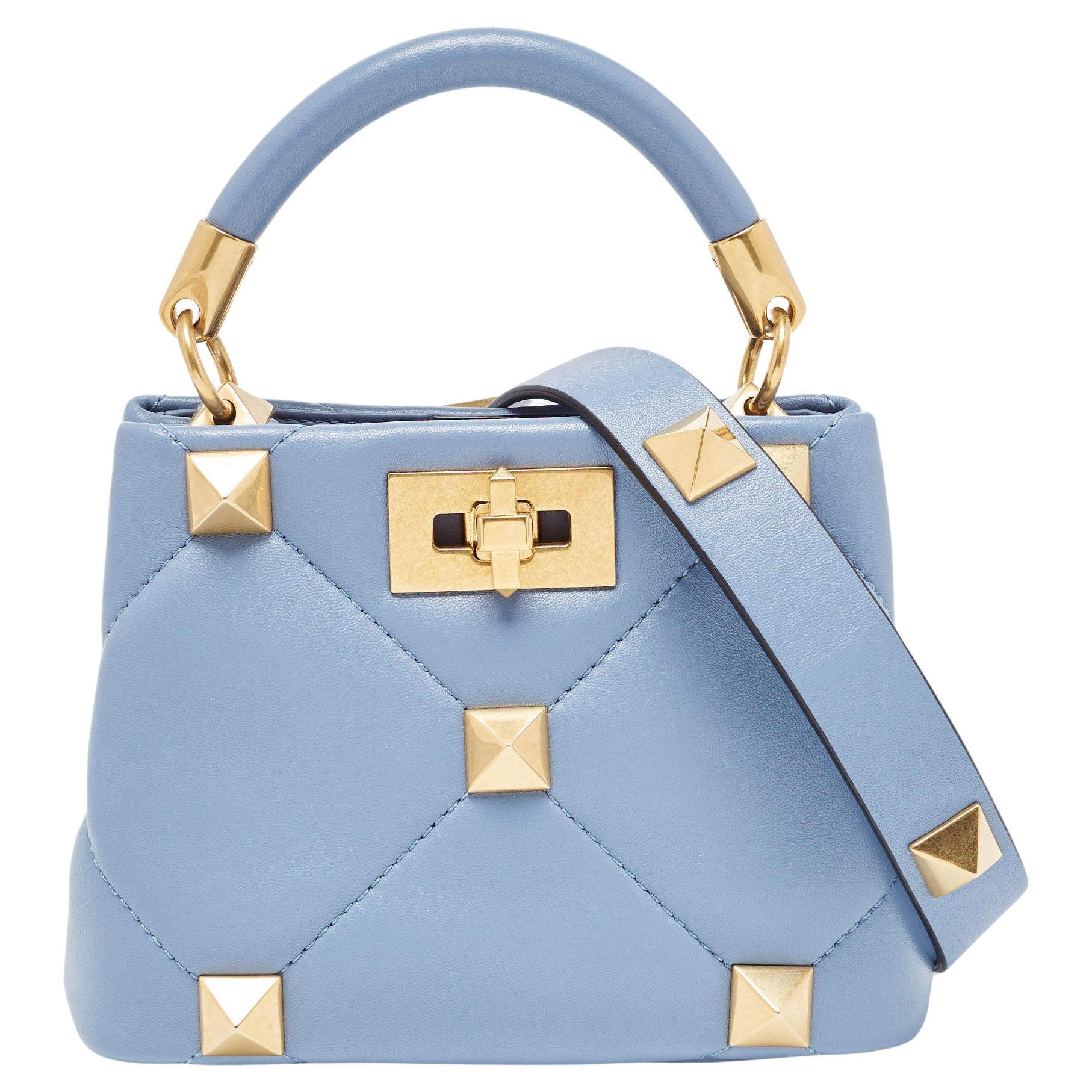 Valentino Blue Quilted Leather Roman Stud Top Handle Bag