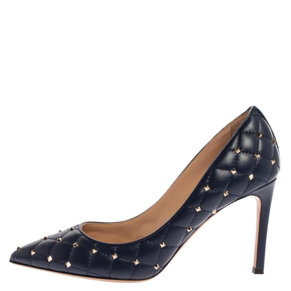 Black Valentino Blue Quilted Leather Studded Pointed Toe Pumps Size 36