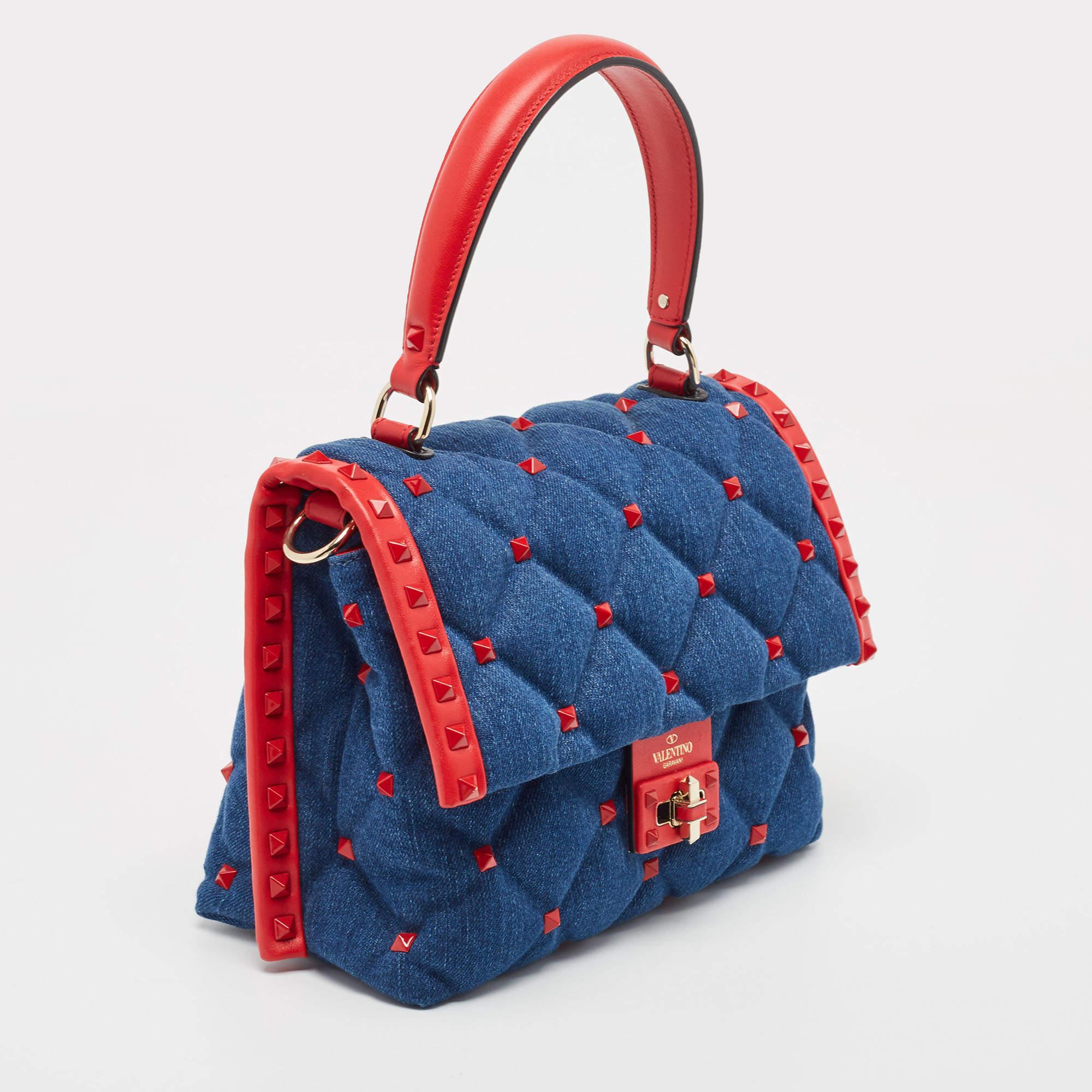 Valentino Blue/Red Denim and Leather Candystud Top Handle Bag In Excellent Condition For Sale In Dubai, Al Qouz 2